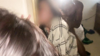 Hot asian with black guy in the mirror