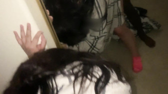 Hot asian with black guy in the mirror