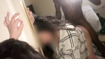 Hot asian with black guy in the mirror