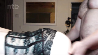 Sexy white girl in stockings threesome with white and black dick