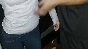 Blindfolded girlfriend shared with friend