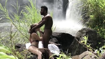 Beautiful white chick gets blacked near a waterfall