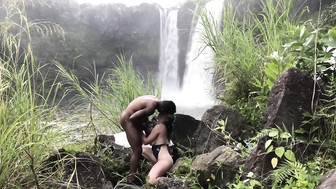 Beautiful white chick gets blacked near a waterfall
