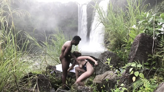 Beautiful white chick gets blacked near a waterfall