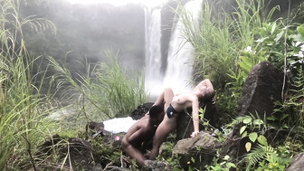 Beautiful white chick gets blacked near a waterfall