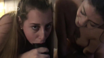 Black stud fucks two horny white ladies and they share his creamy cumload