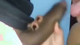 Pretty blonde sucks black cock while friend records