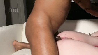 Grabbing her hung black bull by the balls and getting two creamy loads