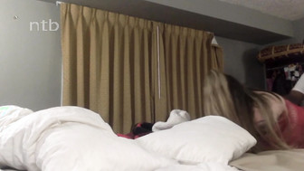 Curvy blond in red fishnets sucks and fucks big black cock and swallows his load