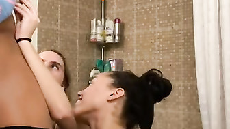 Bathroom threesome BBC with two girls
