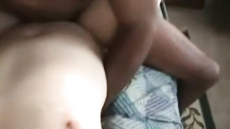 Stiff black cock shining bright after came inside her hairy pussy