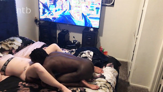 Sexy redhead gets that BBC bareback and receives creampie from her black lover