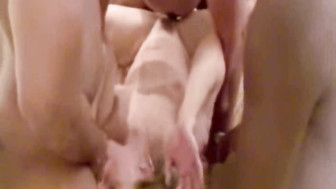 Washing her face with cum and showing her gaping hole