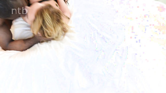 Amazing white blonde with hot body and big tits having fun with black guy