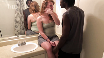 Fiery redhead with big belly gets fucked by her hung black lover in bathroom