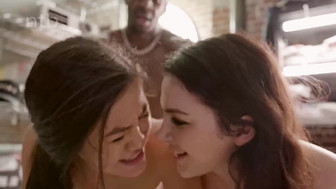 Threesome with two hot white girls and strong BBC guy with huge dick