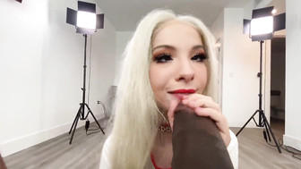 Pretty blonde doll worships huge black dick