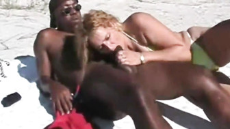 Curly blond cuckold housewife spent great day on beach with her black lover