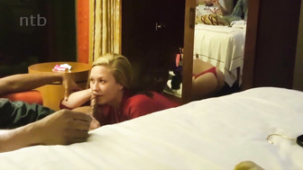 Cuckold blond sucks husbands dick off while black stud pounds her from behind