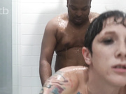 Tattooed white MILF with pale skin gets fucked by her bbc while having shower