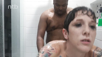 Tattooed white MILF with pale skin gets fucked by her bbc while having shower