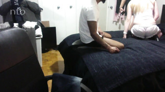 Stunning white babe with big ass and small boobs fucks hubby and black friend