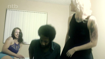 Two milky skinned white babes fucked big black cock together