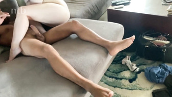 Short hair brunette PAWG sucks and rides big black cock