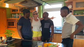 Shorthair blonde MILF and three BBC guys
