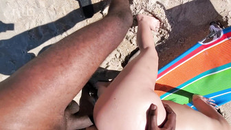 Horny blond fucks big black cock while other couple is strolling behind them