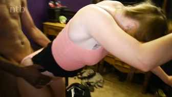 Fit white babe gets that BBC in her bald pussy while her husband was watching