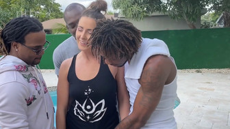 Slutty hottie with butt plug and three hard BBC party