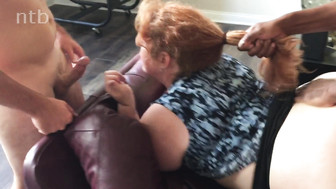 Big white mom gets BBC from behind while sucking off husband's dick