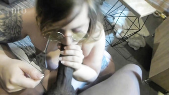 Chubby white teen tries to deep throat and swallow that enormous black dong