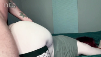 Redhead with big ass in black stockings takes big black cock