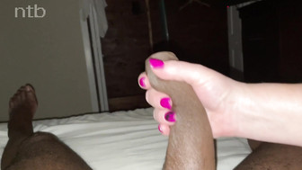 Chubby redhead sucks that big black cocks off and gets fucked bareback