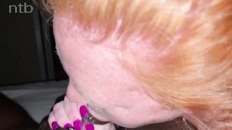 Chubby redhead sucks that big black cocks off and gets fucked bareback