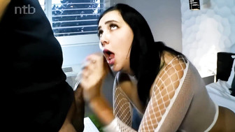 Incredibly sexy white babe gets messy shot of cum shower on her pretty face