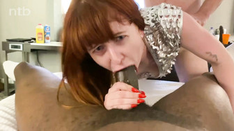 Cuckold redhead plays with that huge black dong while her hubby was fucking her