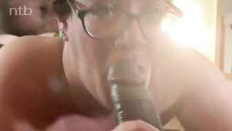 Busty white nerd sucks and fucks big black cocks and gets fucked bareback