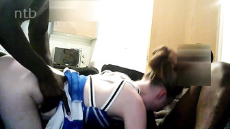 Teen white cheerleader babe sucks off big black cocks and gets fucked bareback