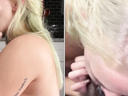 Sexy blond sucks that huge black cock off and swallows big and messy creampie