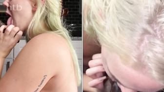 Sexy blond sucks that huge black cock off and swallows big and messy creampie
