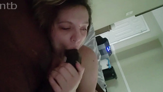 White chick sucks off big black dicks and takes it bareback in her pussy