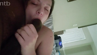 White chick sucks off big black dicks and takes it bareback in her pussy