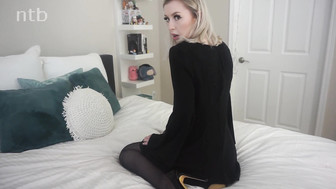 Sexy white babe in black stockings fucks BBC bareback and swallows creampie