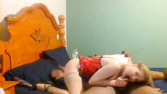 Hotwife red corset cheating on hubby with BBC