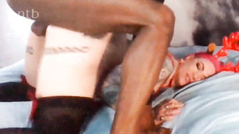 Horny redhead in black stocking pleases her hung black stud for holidays