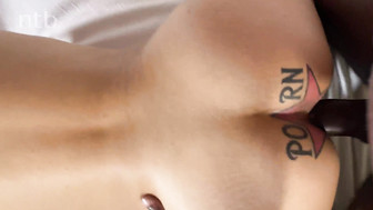 Big boobs brunette slut threesome with BBC and white cock