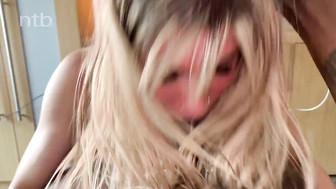 Horny blond sucks off that thick black monster and lets him bareback inside her pussy